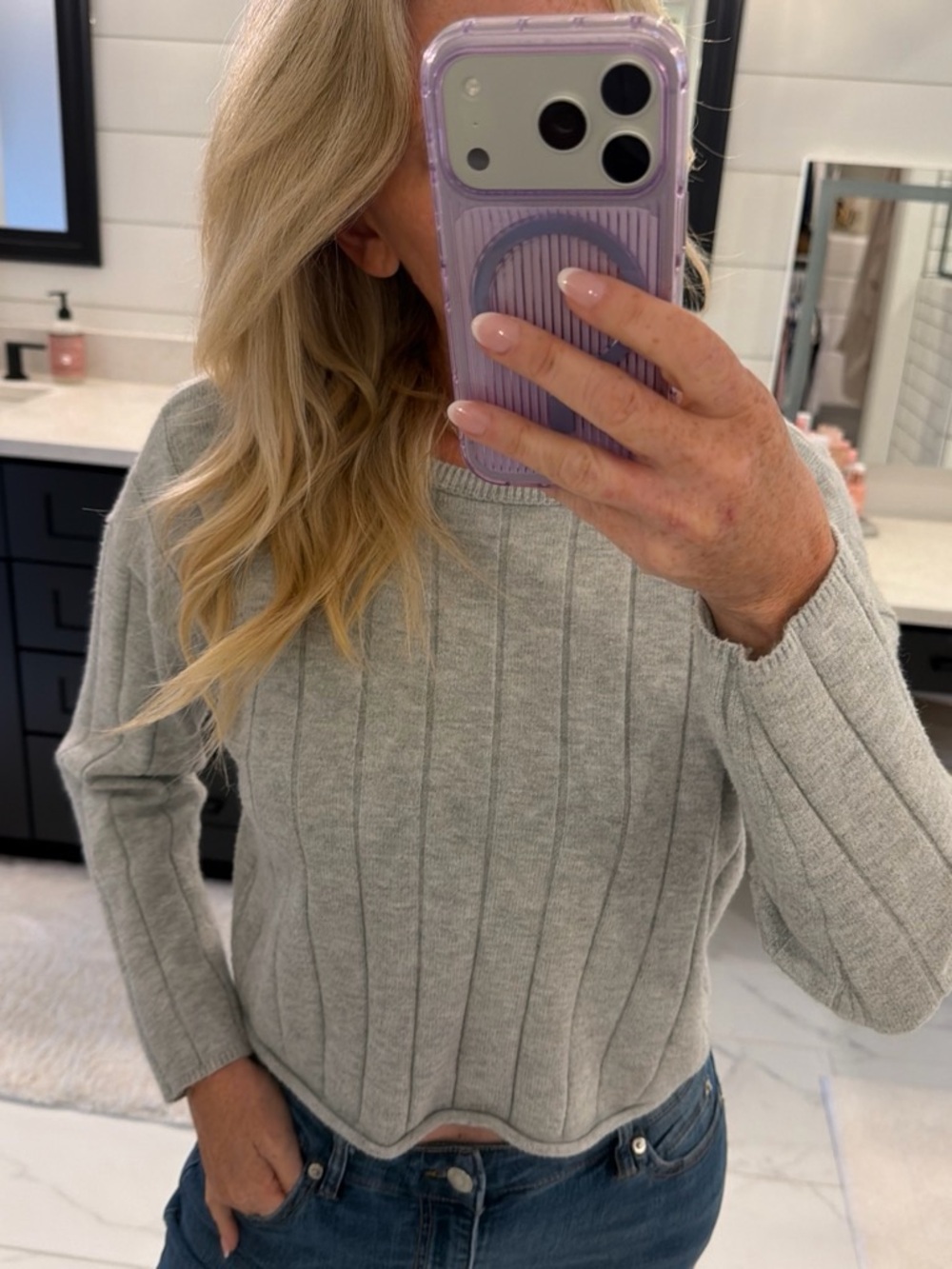 No Boundaries Light Gray Ribbed Crewneck Sweater